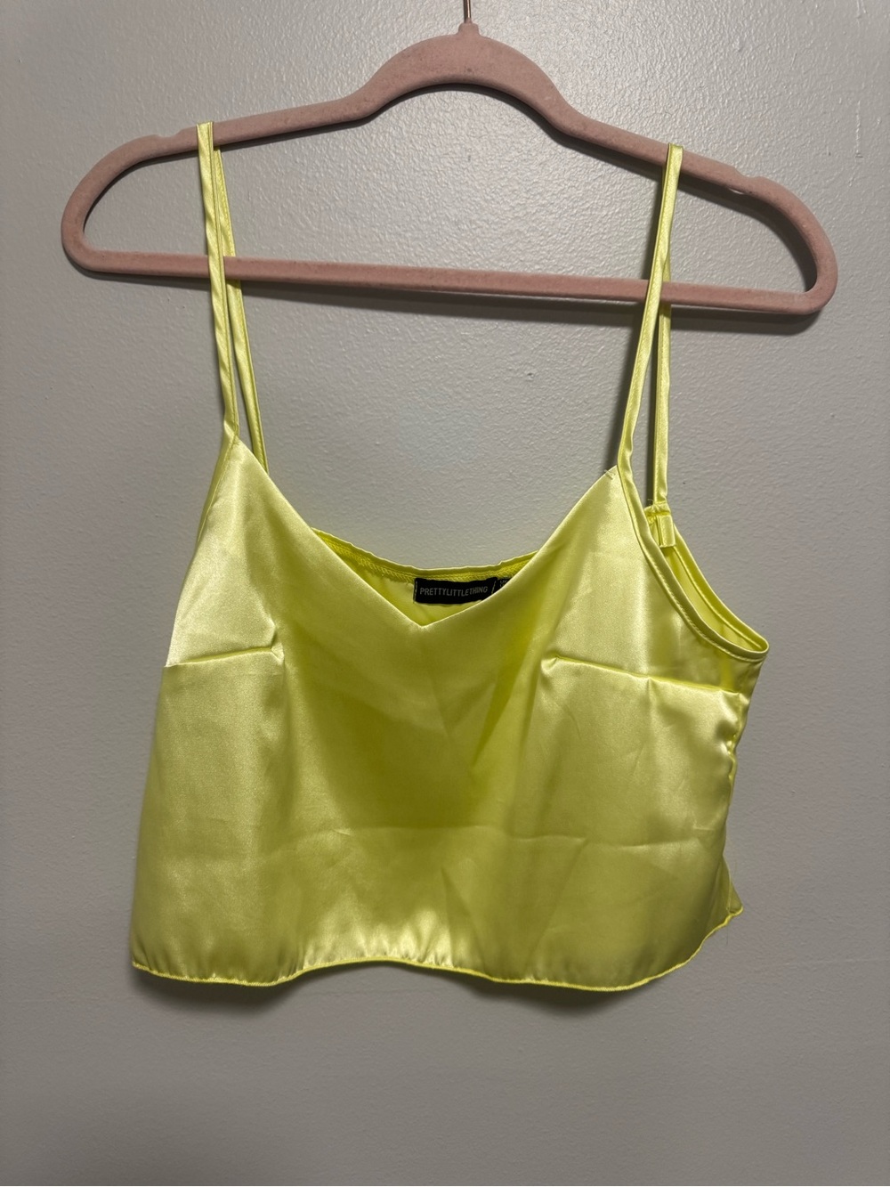 PrettyLittleThing Neon Yellow Satin Vneck Cami Crop Tank
